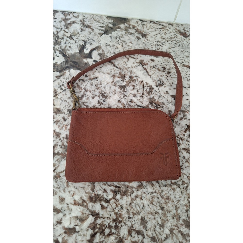 Frye Melissa Cognac Brown Leather Wristlet Zip Clutch Bag Small Antique Brass